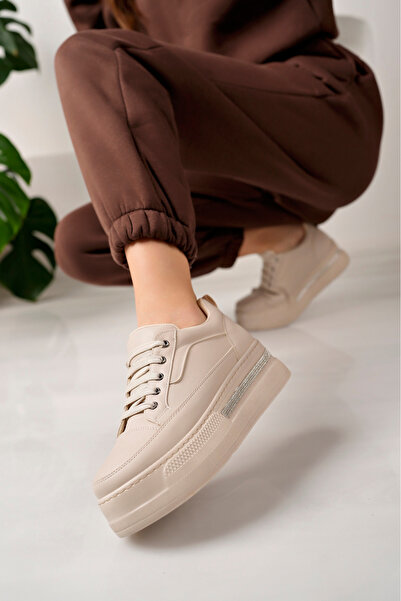 moda sara Bej Tabanı Taş Detaylı Kadın Spor  Ayakkabı