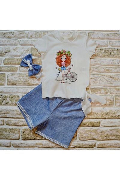 emosavm Blue 3-Piece Baby Girl Set - Bicycle, Printed Bandana, Denim Patterned Shorts and Short Sleeve T-Shirt
