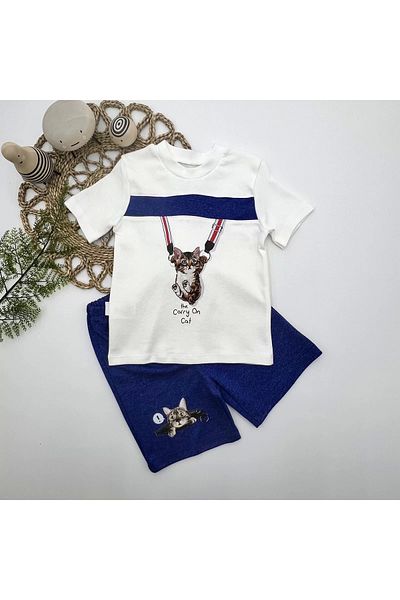 emosavm Baby Boy's Cat Printed Zippered Shorts and Short Sleeve T-Shirt Set of 2 - Indigo