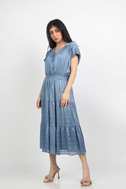 mica V-Neck Waist-Tied Midi Dress with Short Sleeves