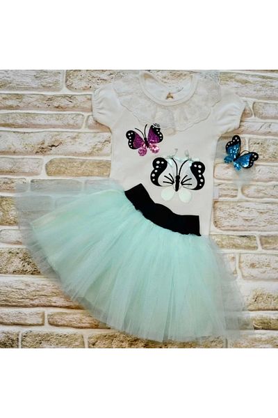 emosavm Petli Butterfly Embroidered Crowned Short Sleeve Tutu Skirt 3 Piece Baby Girl Set Water Green