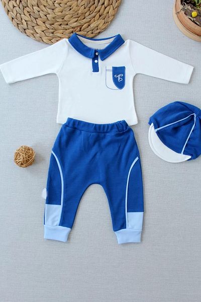 emosavm Indigo 3-Piece Set for Baby Boy - Embroidered, Long Sleeve and Pocket Hat Sweat