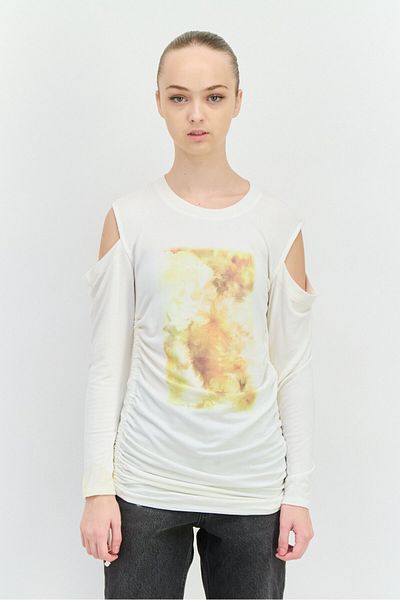 INC Women Crew Neck Cold Shoulder Graphic Print Sweatshirt, White Combo