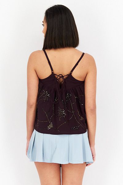 PROMOD Women V Neck Sleeveless Textured Top, Maroon