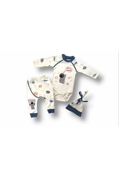 emosavm Cute Cosmonaut Embroidered Hat Long Sleeve Bodysuit 3 Piece Baby Girl-Boy Set Ecru