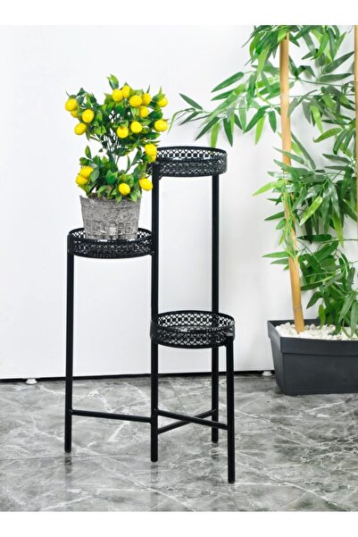 Evistro Dekoratif Ferforje 3 Katlı Çiçeklik Saksılık Siyah