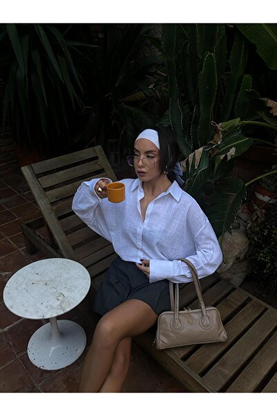 minaaise Kadın Ekru Oversize Geniş Manşetli %100 Pamuk Gömlek 29020