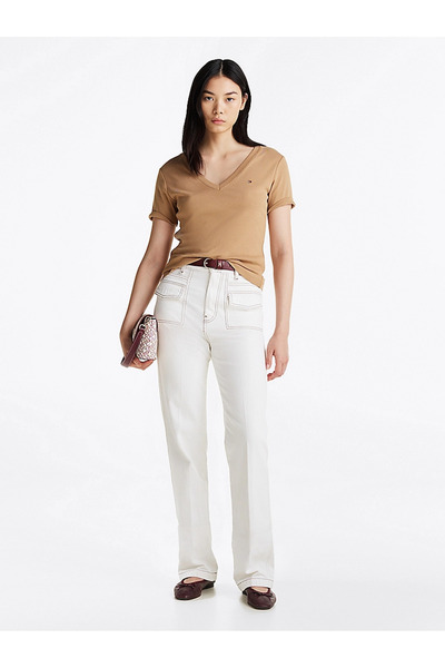 Tommy Hilfiger Beige Slim Fit V-Neck Women's T-Shirt - Short Sleeve Ww0Ww40584-Rbc