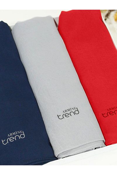 Armine Trend Crinkle Chiffon Shawl - Atskrn - Set of 3 - Navy Blue, Red, Gray