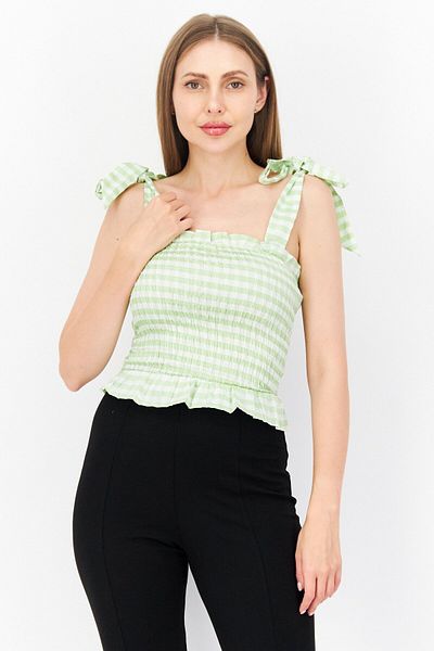 TopShop Women Square Neck Sleeveless Gingham Crop Top, Green