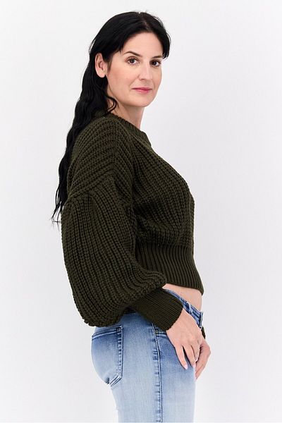 En Saison Women Crew Neck Ribbed Knit Sweater, Olive