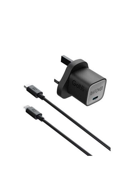 RavPower 20W GaN Tech PD USB-C Wall Charger With Type-C to Lightning Charging Cable, Black
