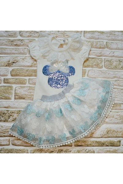 emosavm Mickey Embroidered Pet Short Sleeve Brode Skirt 2-Piece Baby Girl Set - Turquoise