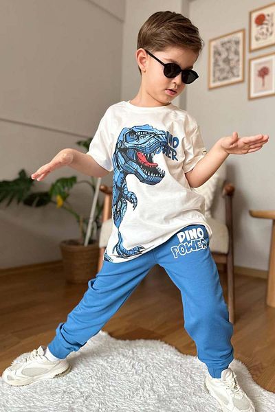 Riccotarz Boy's Dinosaur Digital Print and Text Λεπτομερές T-Shirt Μπλε αθλητική φόρμα