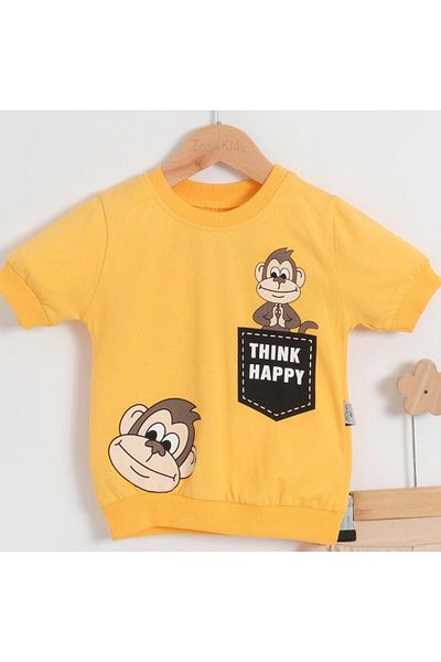 TRENDİMİZBİR Baby Boy Cotton Yellow Single Jersey Suit with Cute Monkey Pattern Shorts