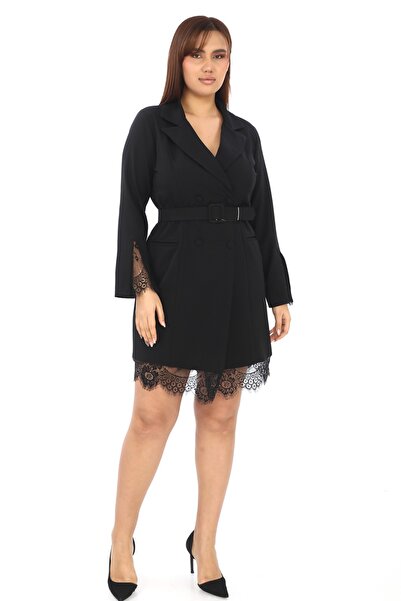 etselements Διπλό γιακά Δαντέλα Λεπτομερή Μαύρο Γυναικείο Μπουφάν με Ζώνη 7084