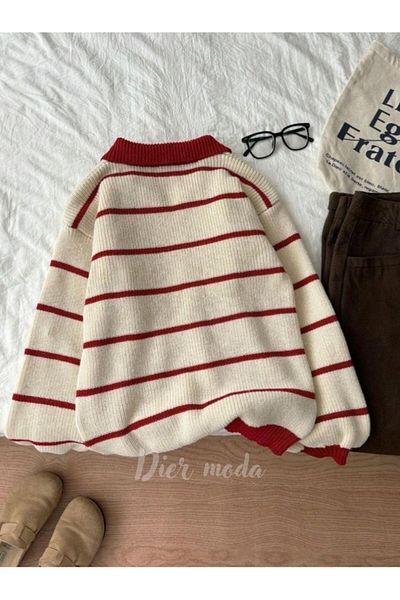 Dier Moda Ecru Burgundy Thessaloniki Knit Polo Neck Oversize Knitwear Sweater