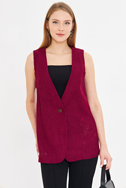 armonika Kadın Mürdüm V Yaka Tek Düğmeli Oversize Kalın Fitilli Kadife Yelek ARM-25K001016