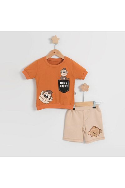 TRENDİMİZBİR Baby Boy Cotton Cute Monkey Print Orange Single Jersey Suit with Shorts