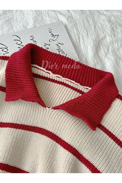 Dier Moda Ecru bordó színű Thessaloniki kötött pólógalléros oversize kötöttáru pulóver