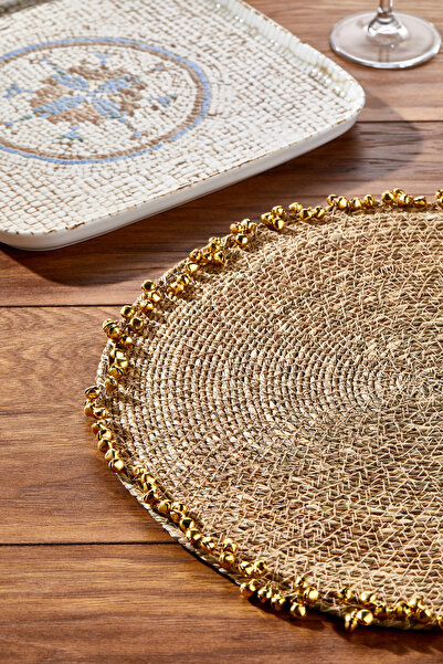 Cornella Hasır Gold Boncuk Detaylı Kahverengi El Yapımı Boncuklu Supla, Yuvar...