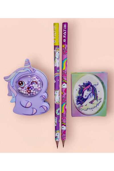 izmir yazici servis Unicorn 2 Li Kurşun Kalem Kalemtıraş Ve Silgi Seti Hediyelik Set Süslü Boncuklu