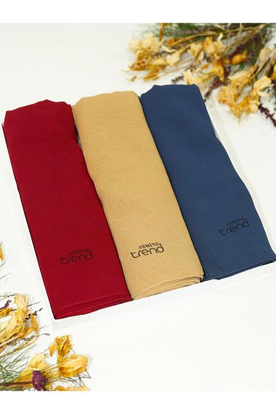 Armine Trend Crinkle Chiffon Shawl - Atskrn - Set of 3 - Navy Blue, Straw Yellow, Cherry