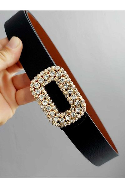 Kemerix Women's Double Sided Black-tan Belt with Stone Gold Buckle