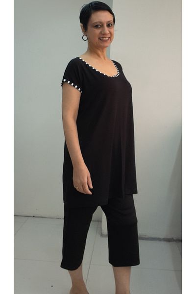 Mertcan Butik Black Black and White Piping Detailed Low Sleeve under Pocket Capri Length Combed Cotton Viscose Timing