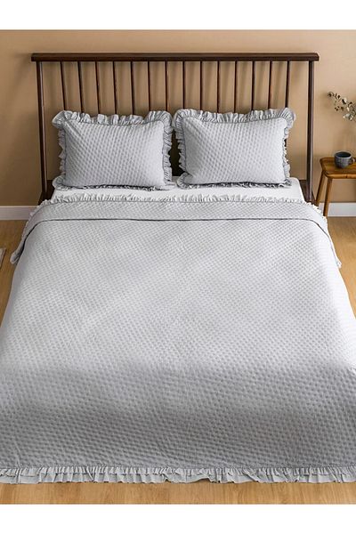 LC Waikiki Lcw Home Grey Ruffle Detailed Double Bedspread Set 200X220 cm