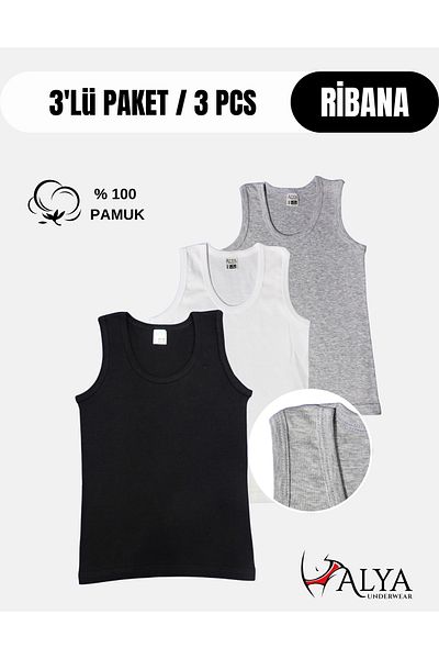 ALYA UNDERWEAR Fiú pamut bordás alsóing ovális gallér 3 csomag - 1 db. Fekete - 1 db fehér - 1 db szürke melange
