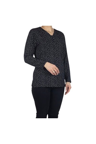 ECE GİYİM Women's V-Neck Glass Scarf Patterned Licra Combed Bluz