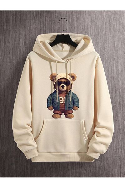 PALPİTO Φούτερ με κουκούλα Unisex Beige Bear με στάμπα με κουκούλα