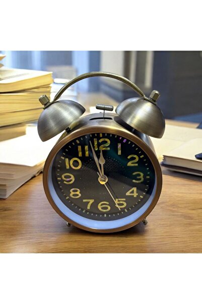 NUNU DEKORATİF ALARMLI VE IŞIKLI METAL ESKİTME TARZ MASA SAATİ