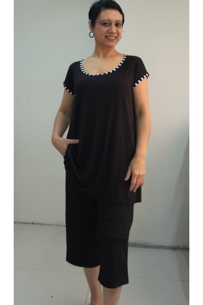 Mertcan Butik Black Black and White Piping Detailed Low Sleeve under Pocket Capri Length Combed Cotton Viscose Timing