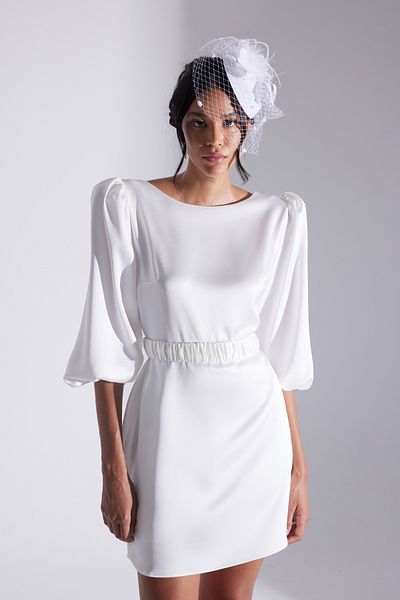 BETTY & SAM Julie Balloon Sleeve Mini White Engagement Dress