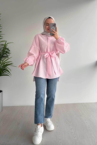 Ka Hijab Μπαλόνι μανίκι ριγέ πουκάμισο - Ροζ