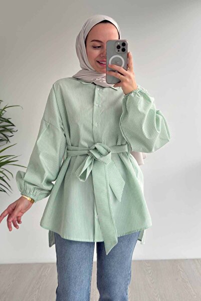Ka Hijab Μπαλόνι μανίκι ριγέ πουκάμισο - Πράσινο