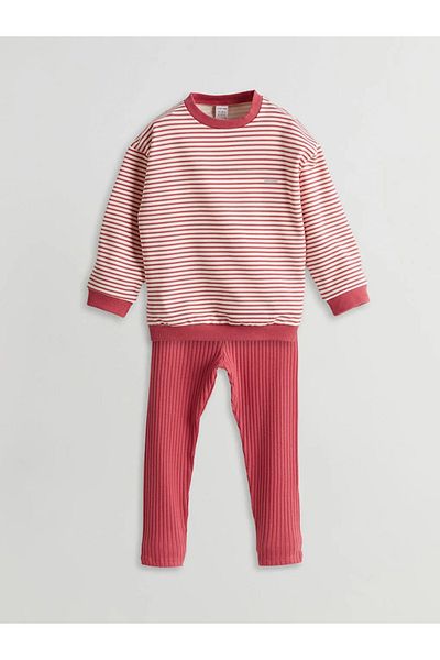 LC Waikiki Lcw Baby Pink Striped Baby Girl Sweatshirt and Leggings 2 Pcs