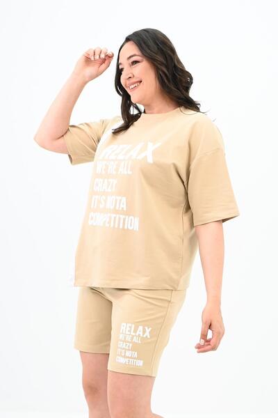 Koza Butik Γυναικείο κοστούμι με εμπριμέ μεγάλο μέγεθος σορτς 3796-23