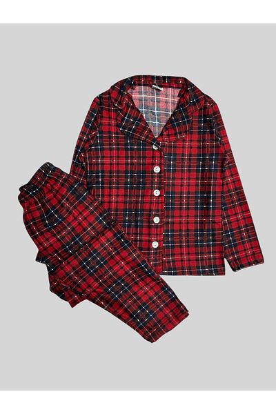 ALİŞ KİDS Boy's Cotton Suede Fabric Red Plaid Pattern Shirt Collar Button-Down Pajamas Set