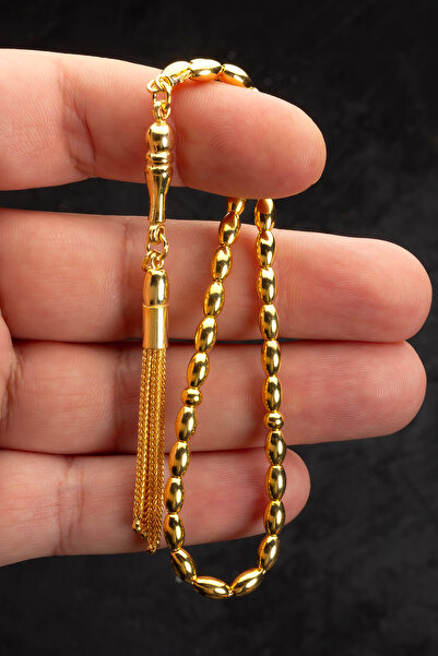 OTTOTESBİH Sertifikalı 22K Altın Kaplama Minik Boy Gümüş Tespih 4x7mm 14 gr Arpa Kesim