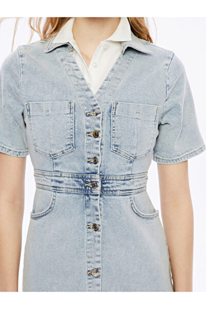 LC Waikiki XSIDE Mavi Gömlek Yaka Kadın Jean Mini Elbise