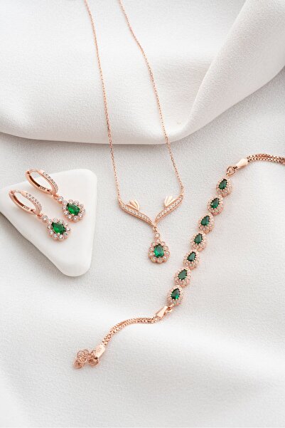 ESSARE 925 Ayar Gümüş Zümrüt Taşlı Kolye Küpe ve Bileklik Set