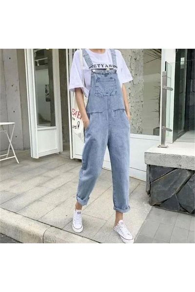 Köstebek Salopetă din denim cu bretele cu buzunar cangur albastru