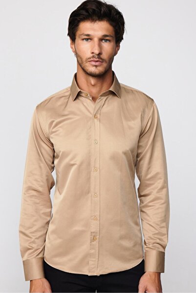 Tudors Erkek Modern Slim Fit Düz Saten Pamuklu Krem Gömlek