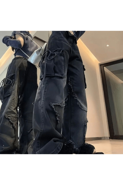 Köstebek Siyah Yıldız Yamalı Vintage Kargo Cepli Baggy Kot Pantolon