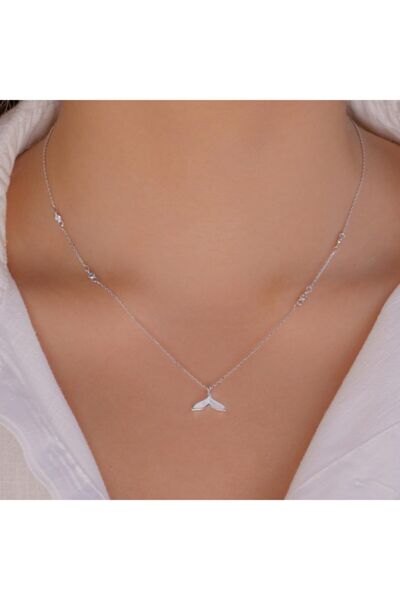 Genel Markalar Balina Kuyruğu Tasarımlı Sedef Taşlı 925 Ayar Gümüş Kadın Kolye