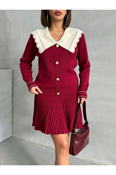Lusin Women's Burgundy Stylish Lapel Detailed Cardigan Blouse Skirt Bottom Top Double Set