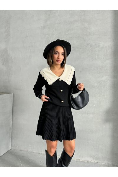 Lusin Női fekete, stílusos galléros kardigán blúz szoknya alsó felső kétrészes szett